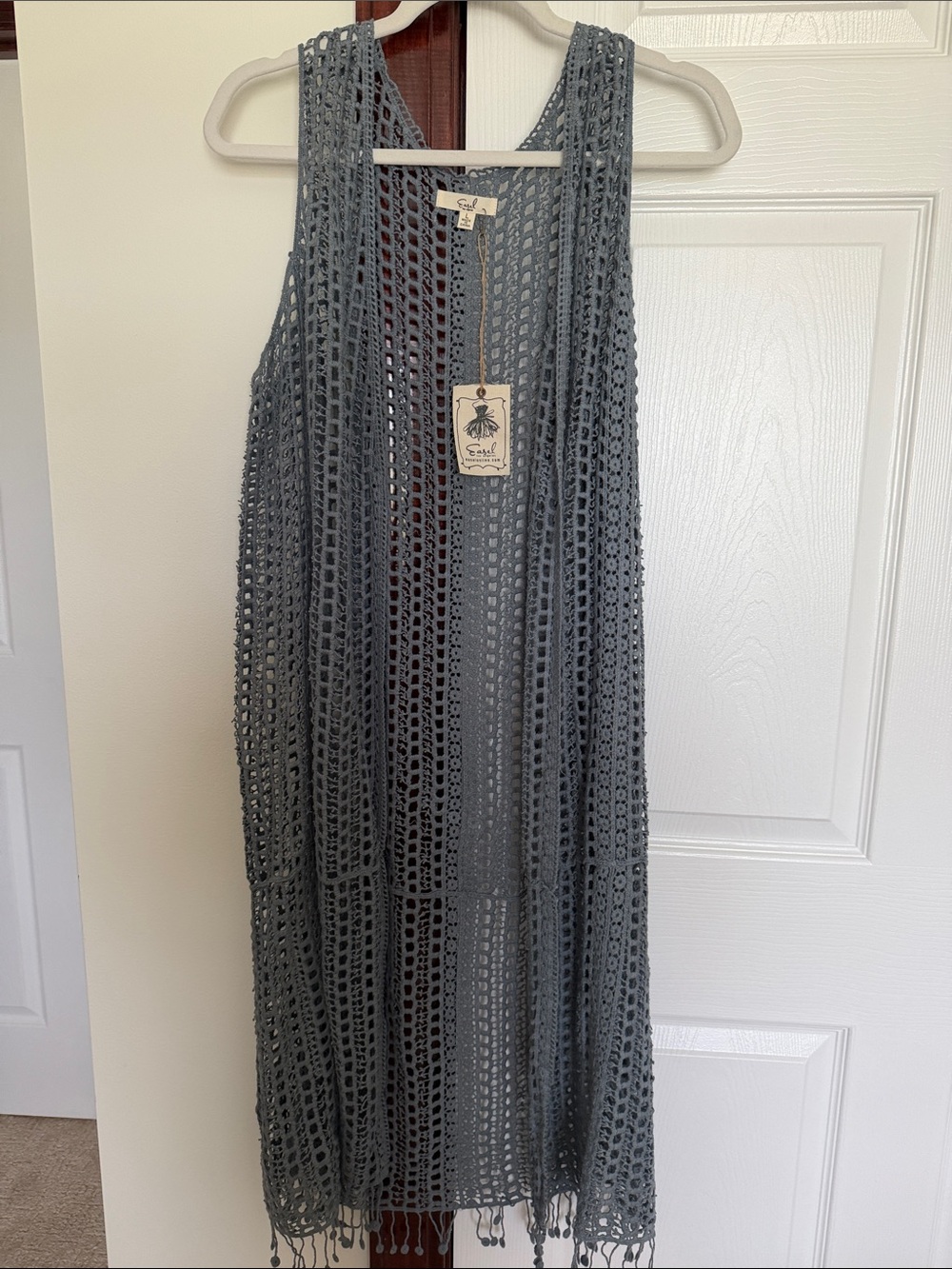 Easel Los Angeles Crochet Open Front Longline Vest Blue-Gray